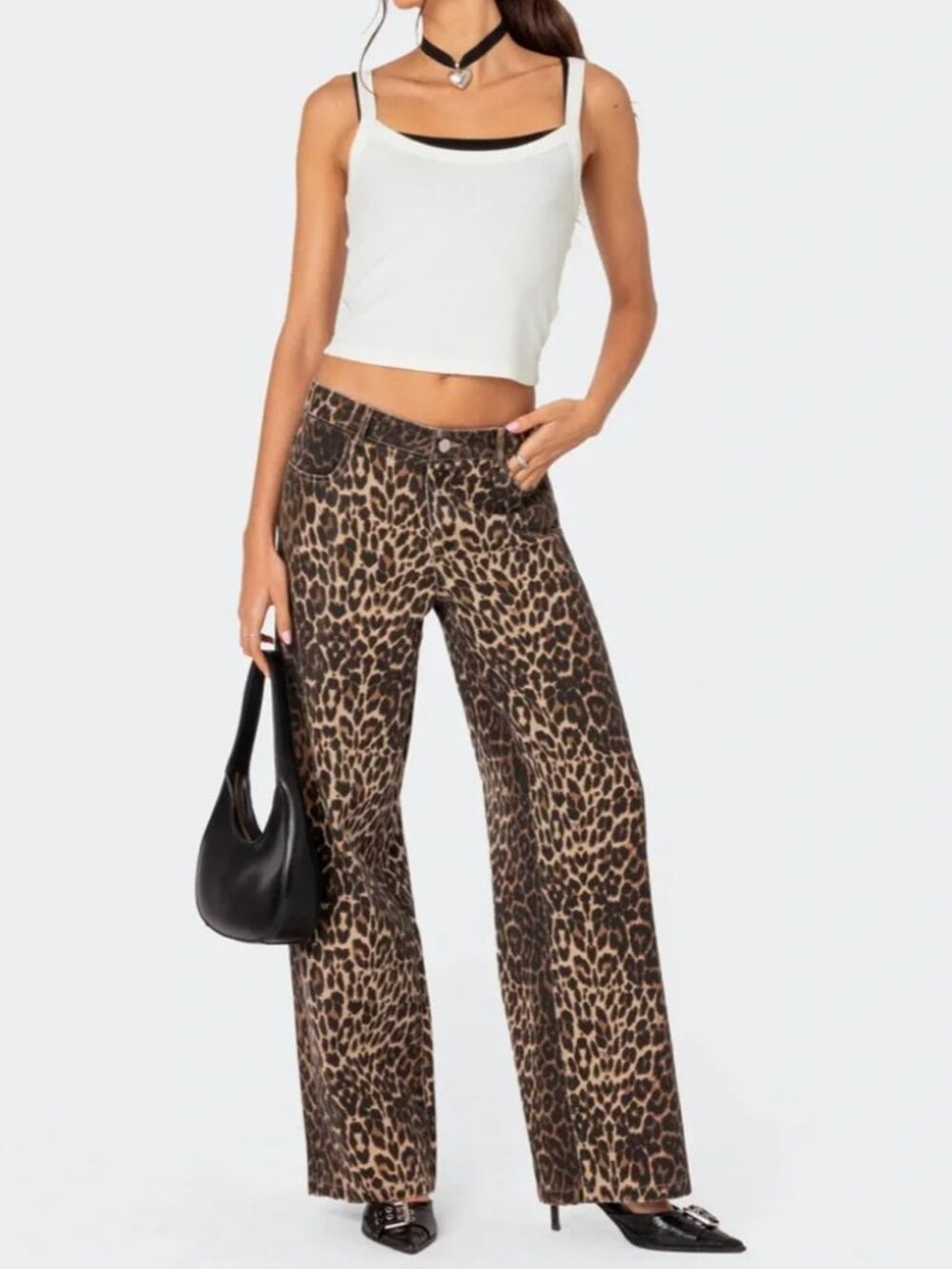 Edikted Leopard Print Wide Leg Jeans Medium Brown Animal Print 100% Cotton
